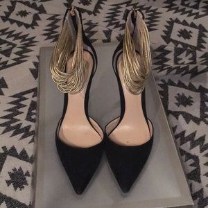 Gold strap black toe heels
